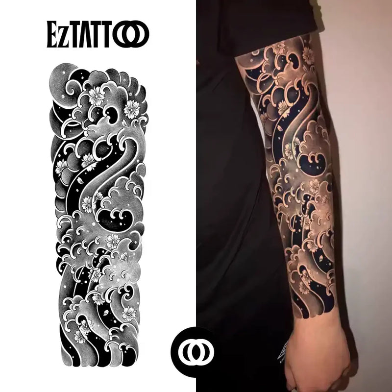 Ondas e Flores Braço Fechado Tatuagem Temporária