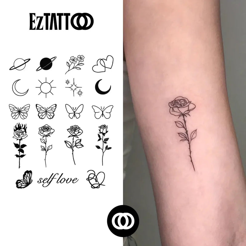 Rosa e Elementos Celestiais Tatuagem Temporária